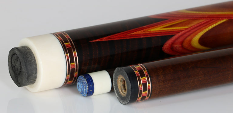 Pat Diveney Red/Orange/Yellow 8-Point Butterfly Custom Cue With Two Dark Roast Trans-K Shafts