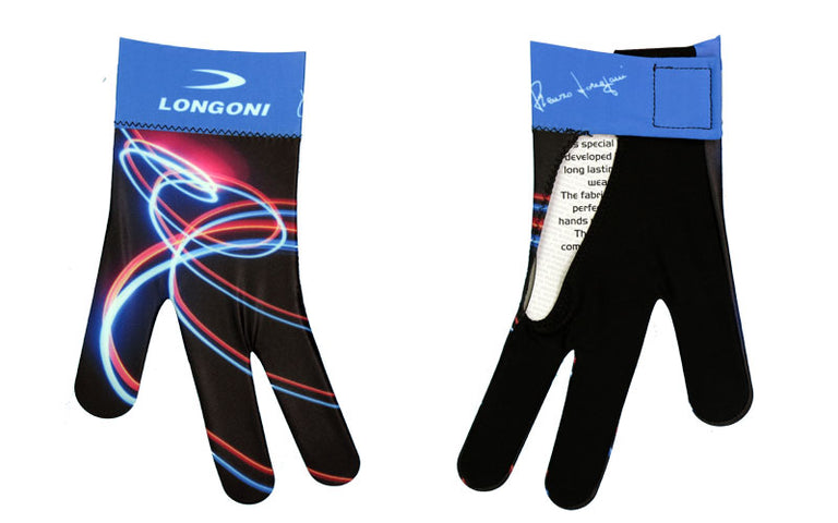 Longoni Left Hand Billiard Glove - Blue/Red Neon Swirls