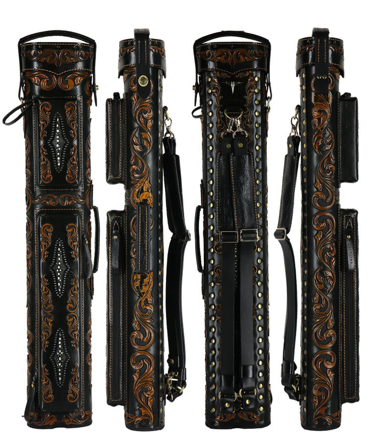 Volturi Venice V2 Style Fully Carved Cue Case 4x8 Black/Tan