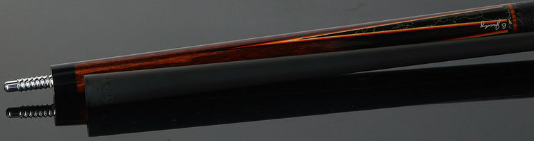 Jacoby Custom Cocobolo and Black/Gold Vein Points Pool Cue with Black Bull Hide Wrap and Jacoby Black Carbon Shaft