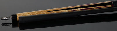 Jacoby Custom Birdseye Maple with Ebony and Purpleheart Points Pool Cue with Black Bull Hide Wrap and Jacoby Black Carbon Shaft