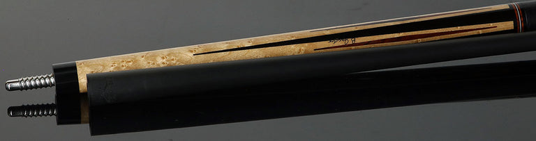 Jacoby Custom Birdseye Maple with Ebony and Cocobolo Points Pool Cue with Black Bull Hide Wrap and Jacoby Black Carbon Shaft