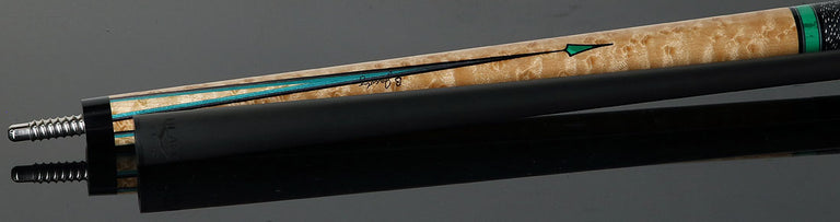 Jacoby Custom Birdseye Maple and Malachite Inlays Pool Cue with Irish Linen Wrap and Jacoby Black Carbon Shaft