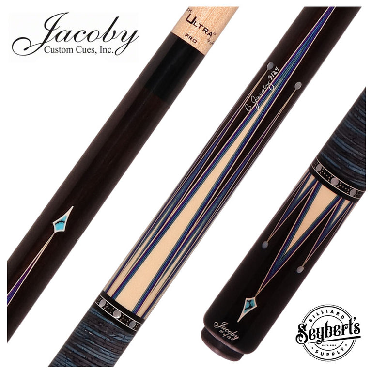 Jacoby Raven Blue Limited Cue With 12.75 Ultra Shaft and Blue/Black Stacked Leather Wrap