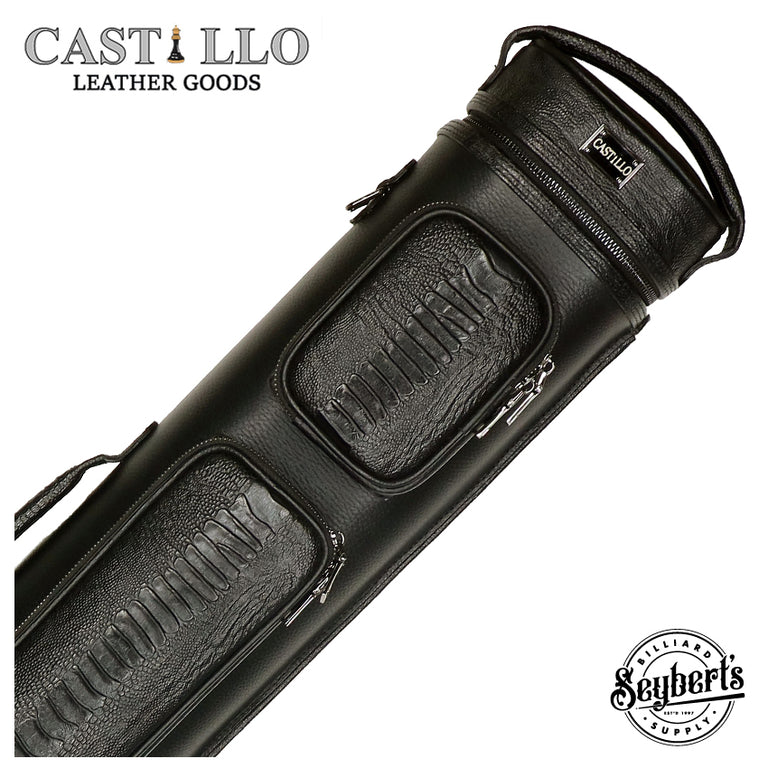 Castillo Black Leather with Black Ostrich Leg Accent 4x8 Hard Leather Pool Cue Case - CLG48BKBKOS