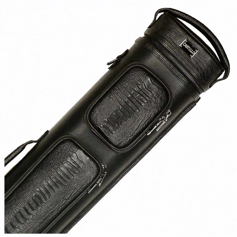 Castillo Black Leather with Black Ostrich Leg Accent 4x8 Hard Leather Pool Cue Case - CLG48BKBKOS