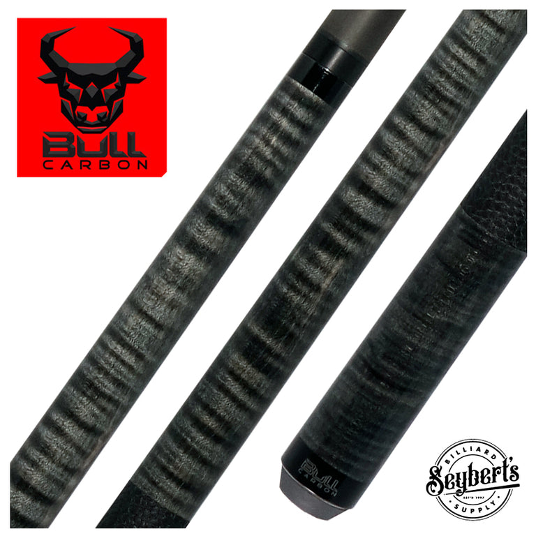 Bull Carbon Gray-Stained Curly Maple Play Cue with Textured Leather Wrap