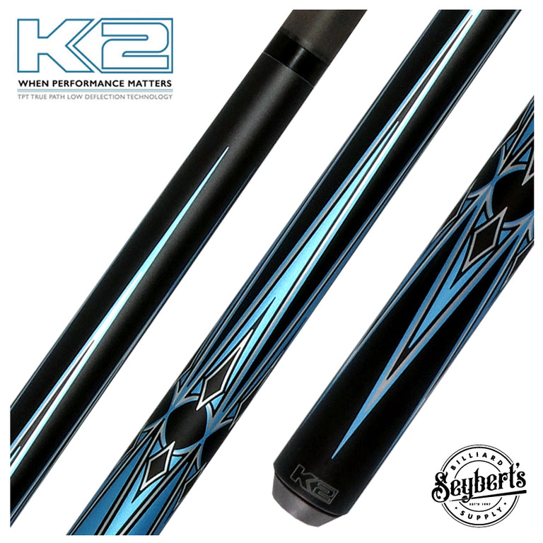 K2 Matte Metallic Blue with Silver and Black Graphic Pool Cue with 11.75mm RK Carbon Fiber Shaft  Shaft