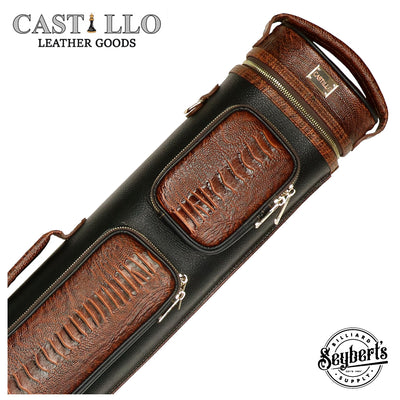 Castillo Black Leather with Cognac Ostrich Leg Accent 4x8 Hard Leather Pool Cue Case - CLG48BKCGOS