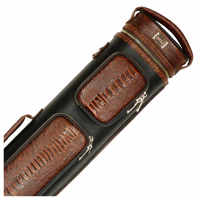 Castillo Black Leather with Cognac Ostrich Leg Accent 4x8 Hard Leather Pool Cue Case - CLG48BKCGOS