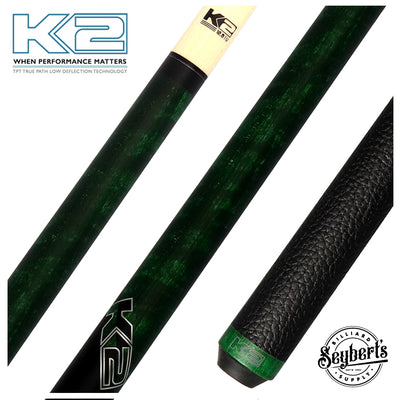 K2 Matte Green-Stained Maple Play Cue with Leather Wrap and 12.50mm LD Shaft - KLCGN