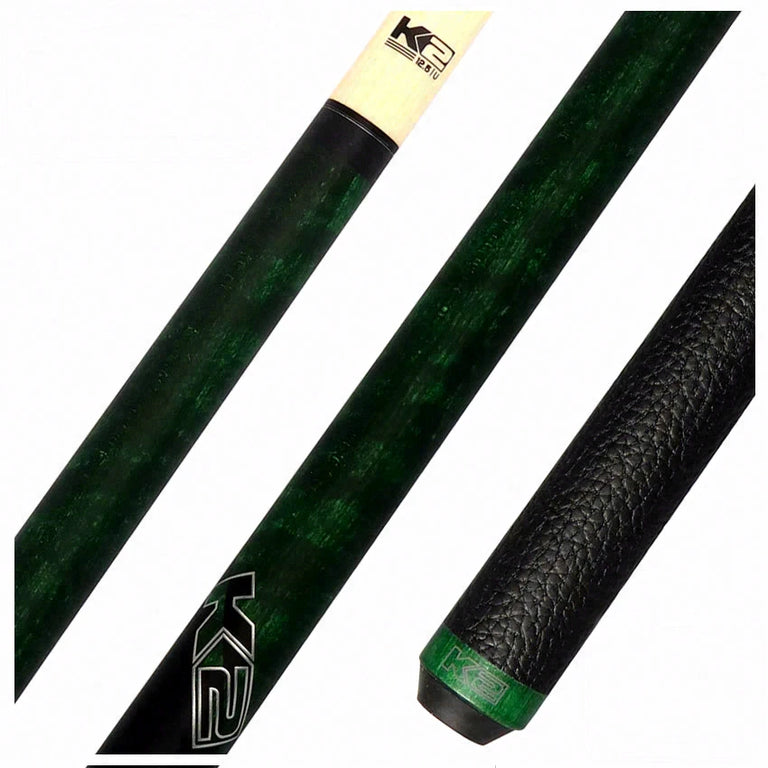 K2 Matte Green-Stained Maple Pool Cue with Leather Wrap and 12.50mm LD Shaft - KLCGN