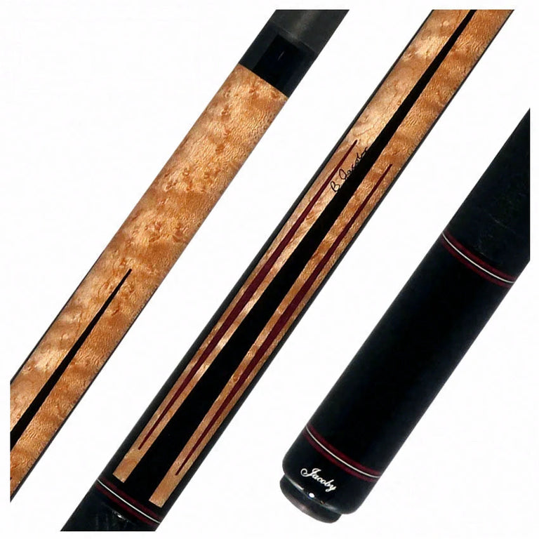 Jacoby Custom Birdseye Maple with Ebony and Purpleheart Points Pool Cue with Black Bull Hide Wrap and Jacoby Black Carbon Shaft