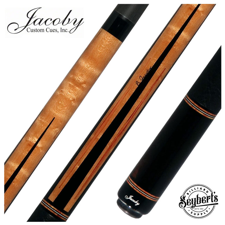 Jacoby Custom Birdseye Maple with Ebony and Tulipwood Points Pool Cue with Black Bull Hide Wrap and Jacoby Black Carbon Shaft