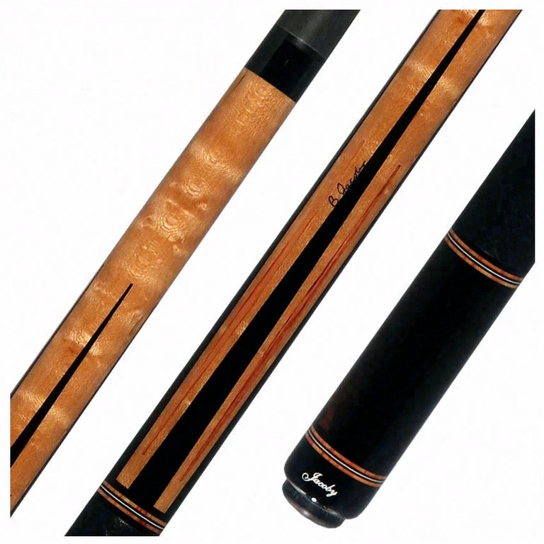 Jacoby Custom Birdseye Maple with Ebony and Tulipwood Points Pool Cue with Black Bull Hide Wrap and Jacoby Black Carbon Shaft