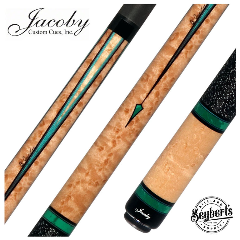 Jacoby Custom Birdseye Maple and Malachite Inlays Pool Cue with Irish Linen Wrap and Jacoby Black Carbon Shaft