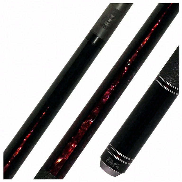 Bull Carbon Black with 6 Rosey Pink Abalone Points Play Cue with Textured Leather Wrap