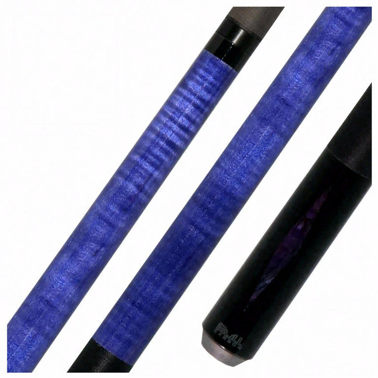 Bull Carbon Purple Stained Maple with Shell Inlays Play Cue with Textured Leather Wrap