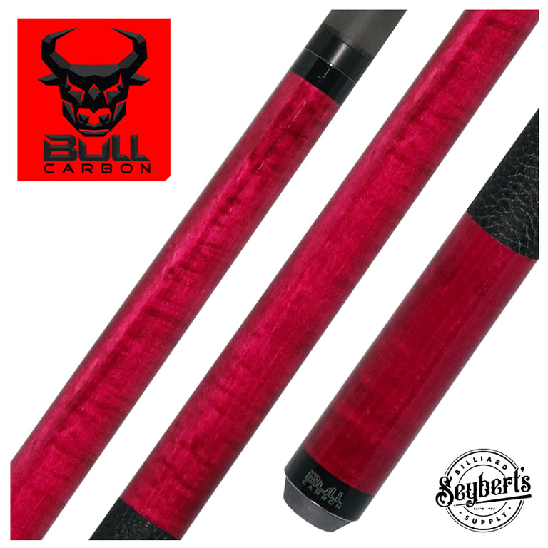 Bull Carbon Pink-Stained Curly Maple Play Cue with Textured Leather Wrap