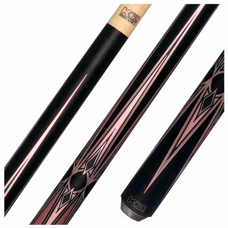 K2 Matte Metallic Pink with Black and Silver No Wrap Pool Cue with 11.75mm LD Koda Shaft