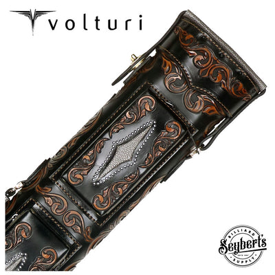 Volturi Custom Venice V2 Style Fully Carved Black/Tan 4x8 Hard Pool Cue Case - VCVSV24X8BLKBRN