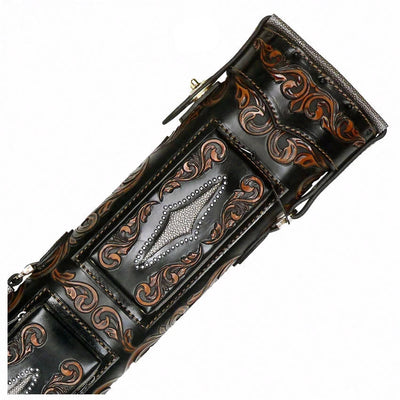 Volturi Custom Venice V2 Style Fully Carved Black/Tan 4x8 Hard Pool Cue Case - VCVSV24X8BLKBRN