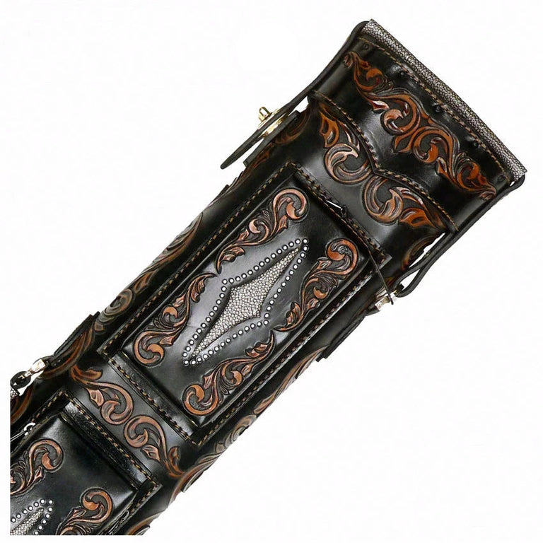 Volturi Custom Venice V2 Style Fully Carved Black/Tan 4x8 Hard Pool Cue Case - VCVSV24X8BLKBRN