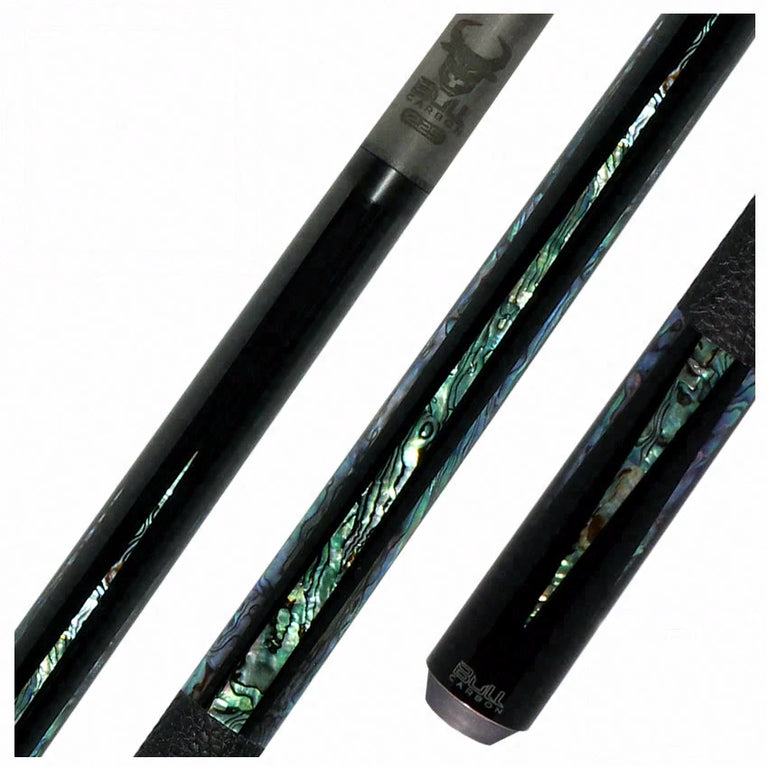 Bull Carbon Black with 6 Genuine Abalone Points Play Cue with Textured Leather Wrap