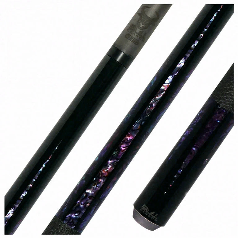Bull Carbon Black with 6 Purple Abalone Points Play Cue with Textured Leather Wrap
