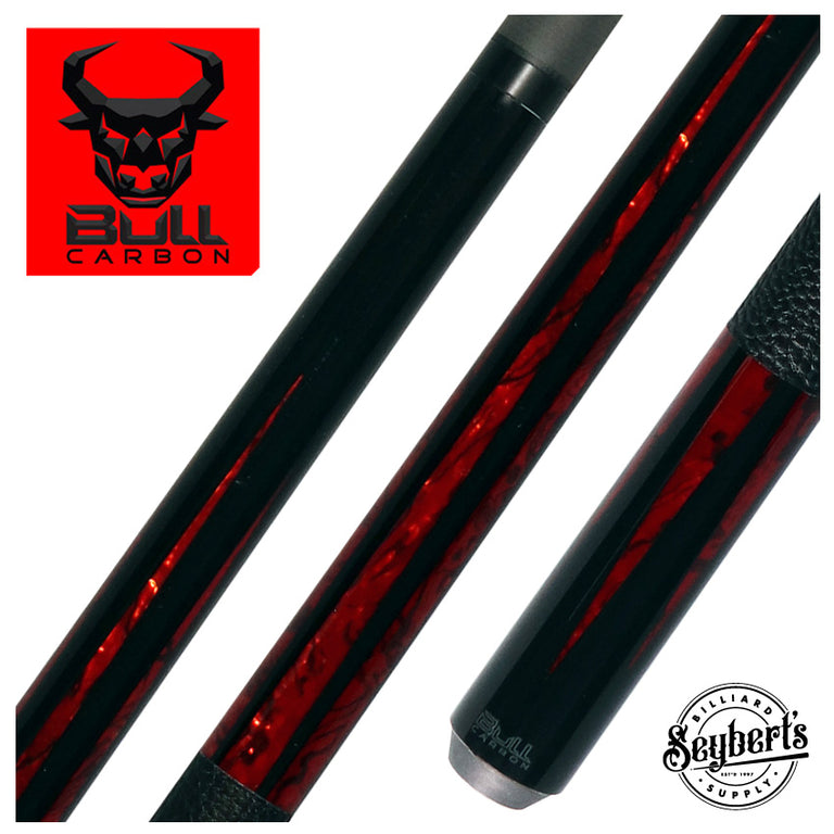Bull Carbon Black with 6 Iridescent Red Points Play Cue with Textured Leather Wrap