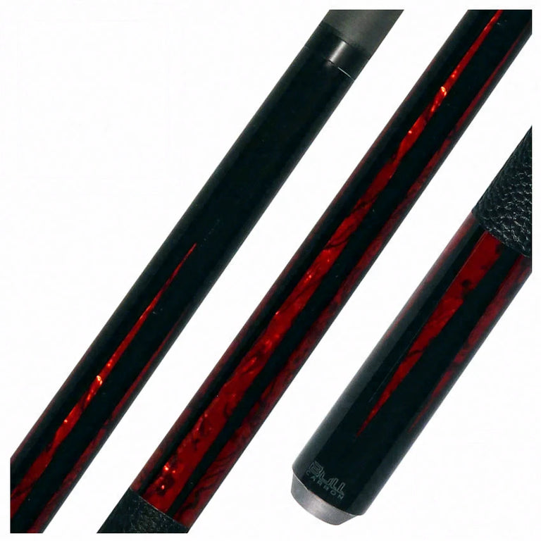 Bull Carbon Black with 6 Iridescent Red Points Play Cue with Textured Leather Wrap