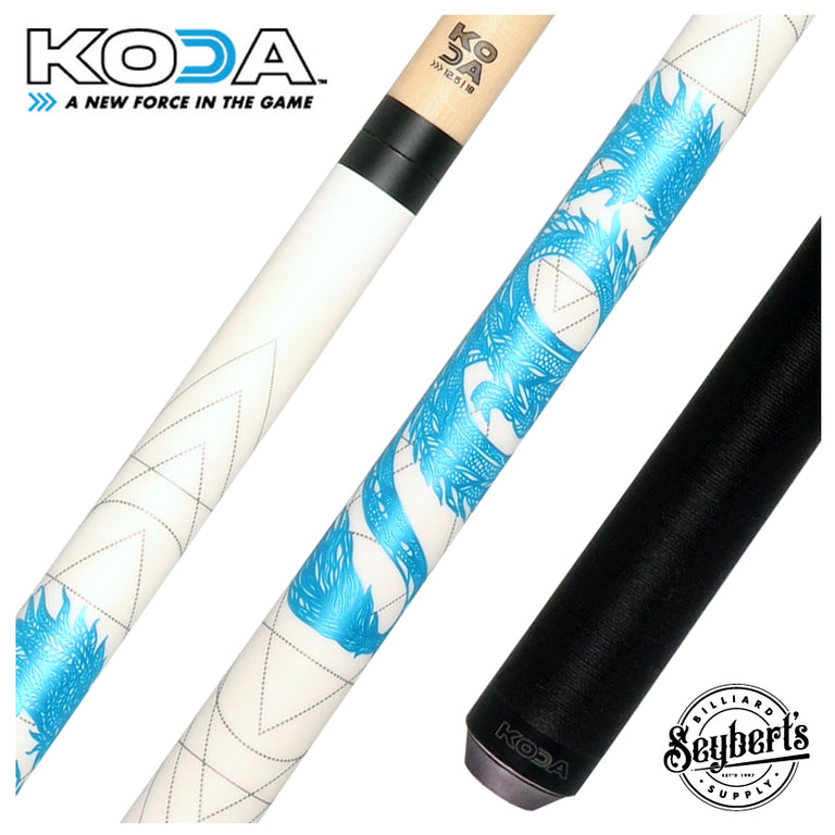 KODA Matte White with Blue Dragon Graphic Play Cue with Irish Linen Wrap