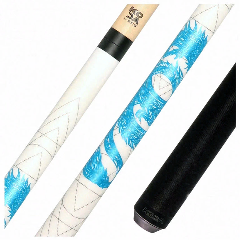 KODA Matte White with Blue Dragon Graphic Play Cue with Irish Linen Wrap