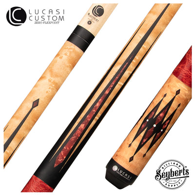 Lucasi Hybrid Light Coffee Birdseye Maple and Red Jasper with Red Leather Wrap Pool Cue