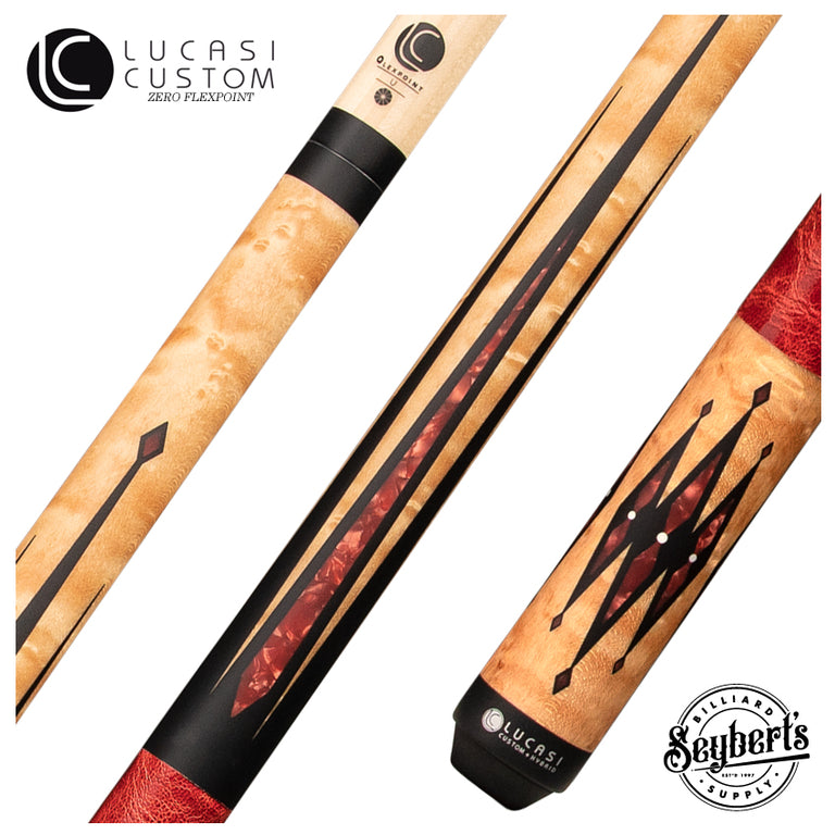 Lucasi Hybrid Light Coffee Birdseye Maple and Red Jasper with Red Leather Wrap Pool Cue