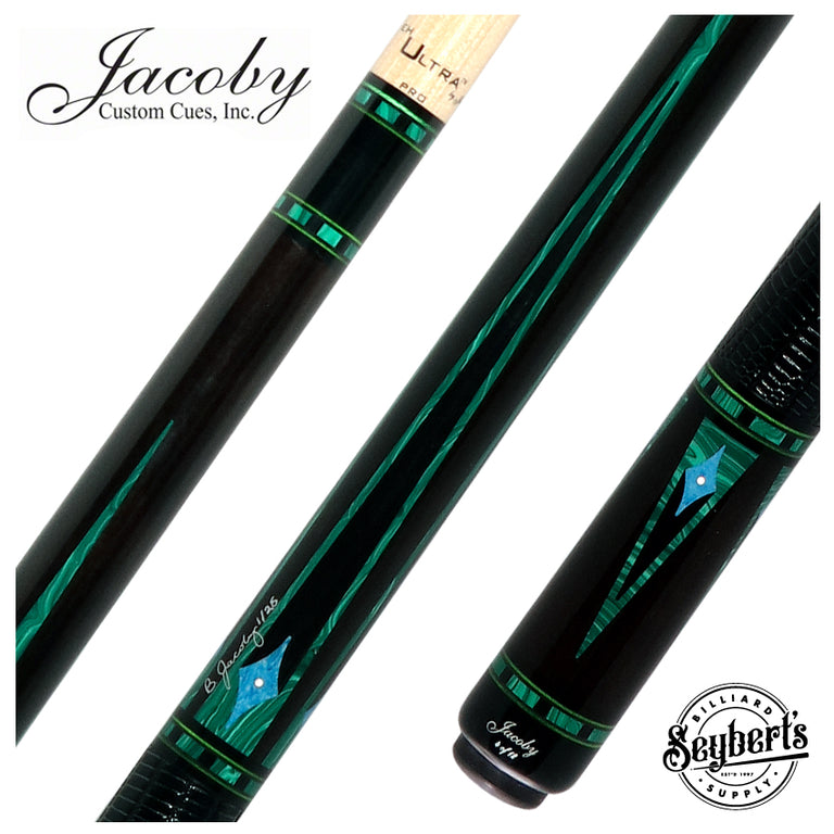 Jacoby Nova Ebony and Malachite Custom Pool Cue with Black Lizard Wrap and Ultra Pro Shaft