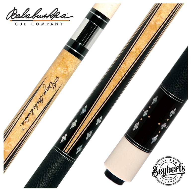 Balabushka Era Series Birdseye Maple Forearm with Ebony Points and Notched Diamond Inlays Pool Cue with Textured Leather Wrap