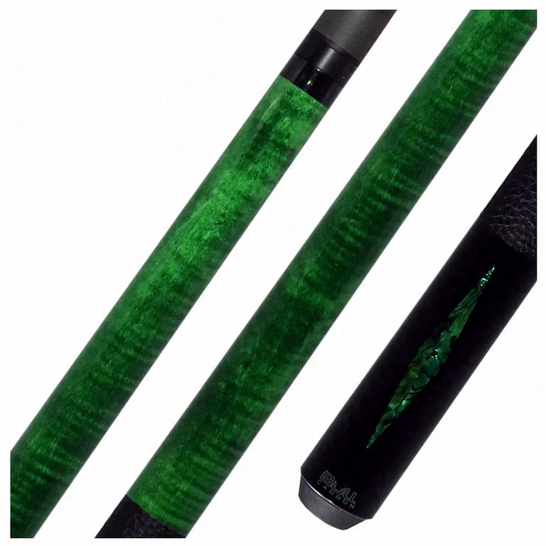 Bull Carbon Green Stained Maple with Green Genuine Shell Inlays Play Cue with Textured Leather Wrap