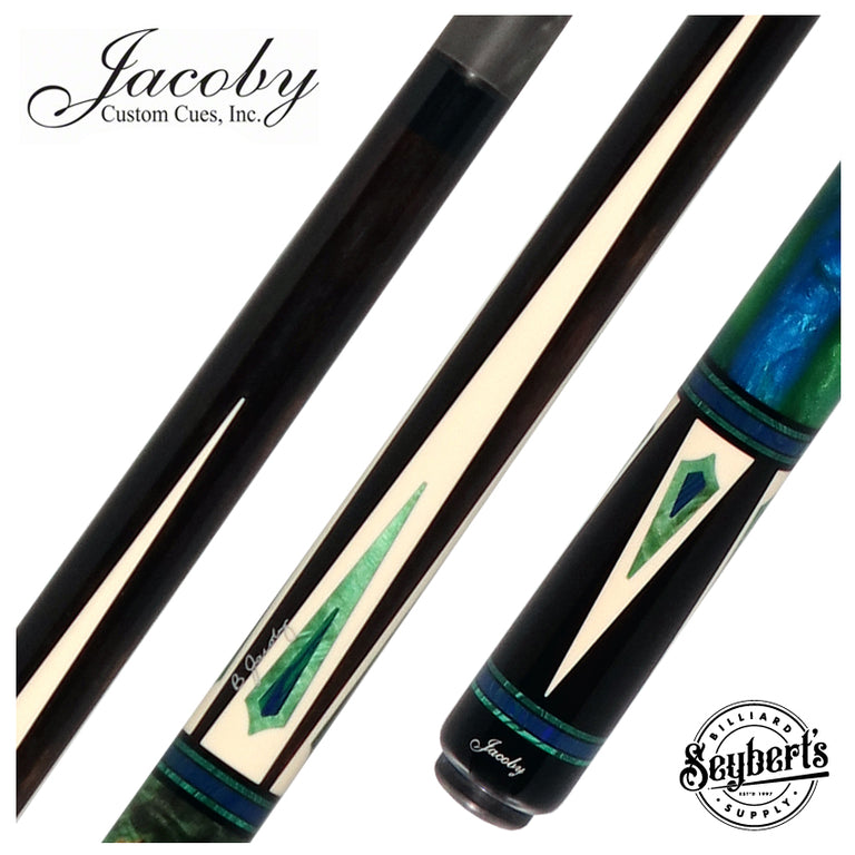 Jacoby Ebony with 4 White Juma/Malachite Points and Impregnated Burl No Wrap Pool Cue with Carbon Shaft