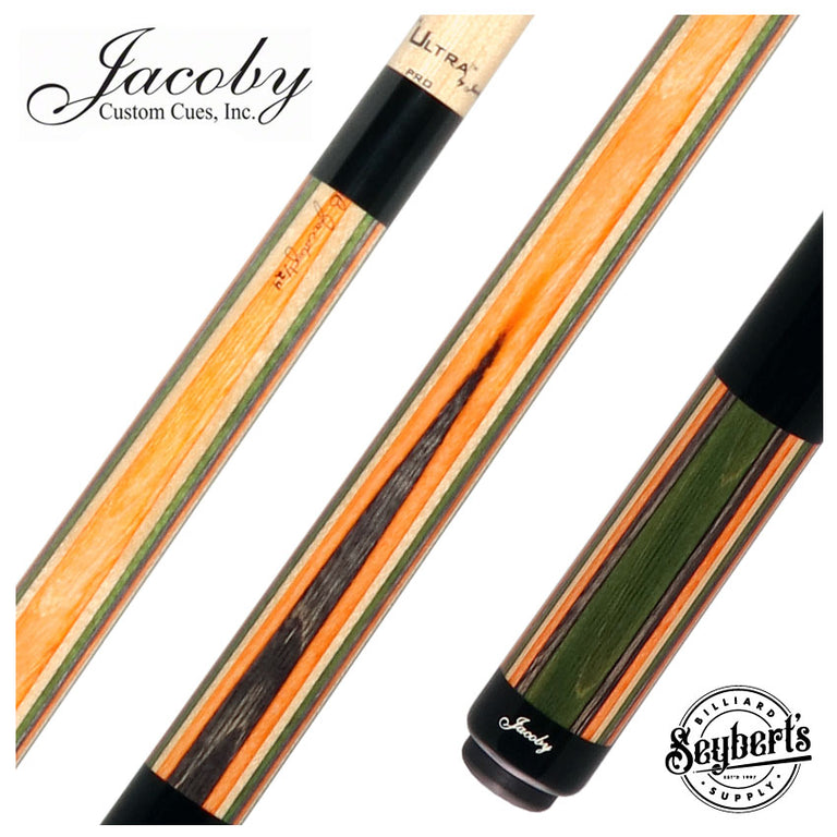Jacoby Gray/Green/Natural/Orange Laminated Pool Cue with Ebony Wrap Section