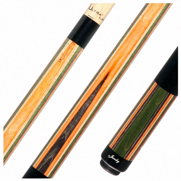 Jacoby Gray/Green/Natural/Orange Laminated Pool Cue with Ebony Wrap Section