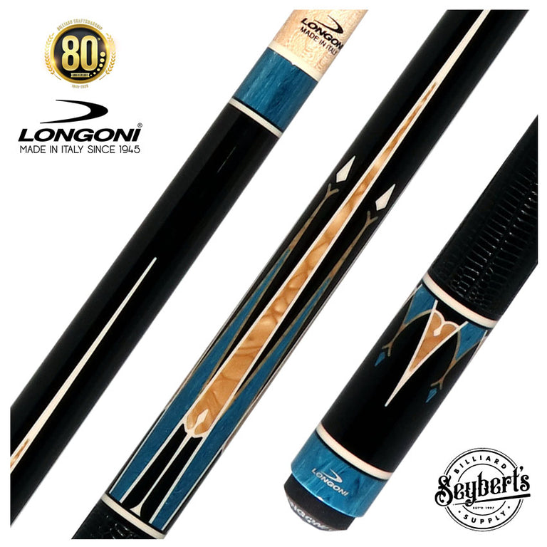 Longoni Galaxy Cyan Pool Cue with Lizard Wrap and S2 American Shaft