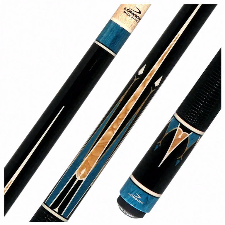 Longoni Galaxy Cyan Pool Cue with Lizard Wrap and S2 American Shaft