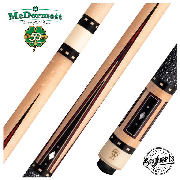 McDermott 50th Anniversary Series Birdseye Maple with Ebony Points and Mother of Pearl Inlays Pool Cue with Maple Shaft and Commemorative 1x1 Case