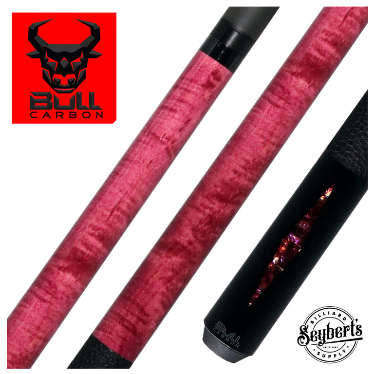 Bull Carbon Pink Stained Maple with Pink Genuine Shell Inlays Play Cue with Textured Leather Wrap
