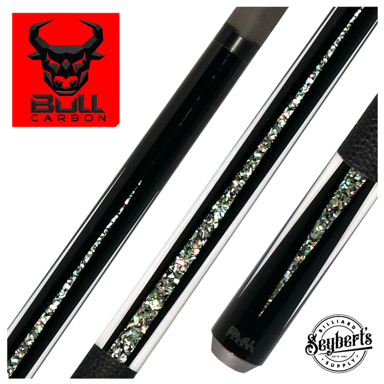 Bull Carbon Black with Mother of Pearl and Elforyn Points Play Cue with Textured Leather Wrap