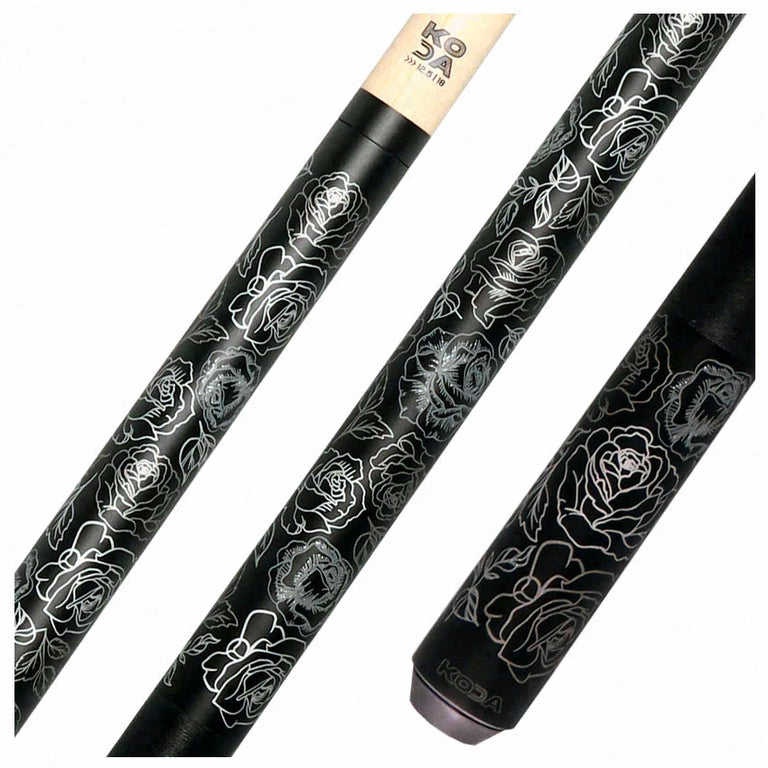KODA Matte Black with Silver Rose Graphic Play Cue and Irish Linen Wrap