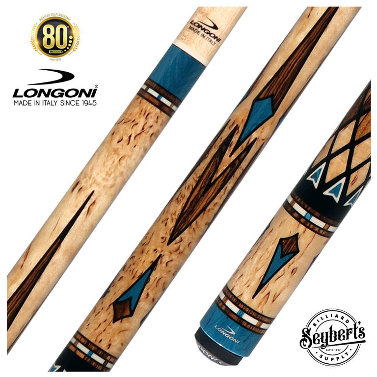 Longoni Limited Masai Cyan No Wrap Pool Cue with VP2 - S2 American Shaft