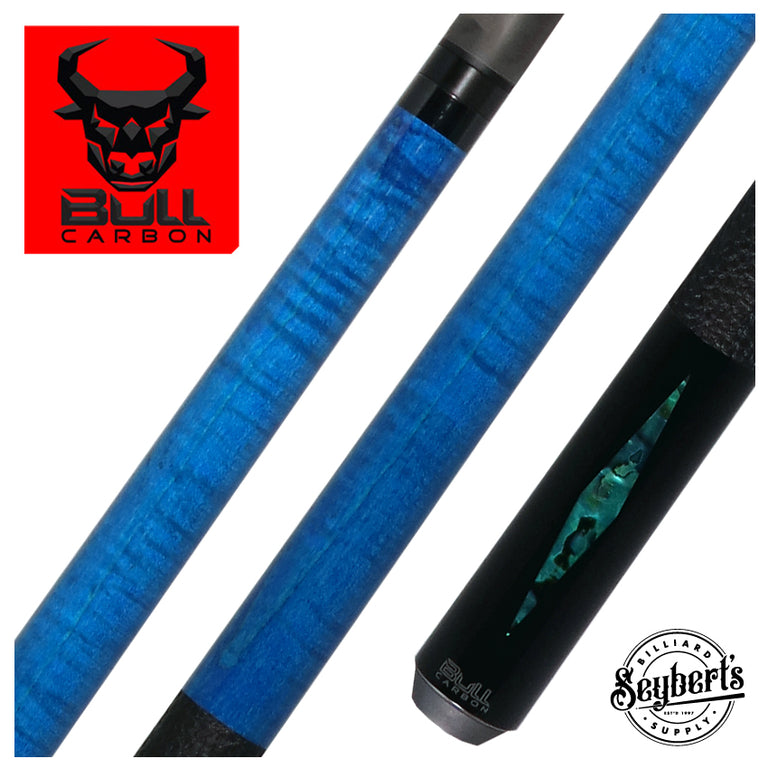 Bull Carbon Blue Stained Maple with Blue Genuine Shell Inlays Play Cue with Textured Leather Wrap