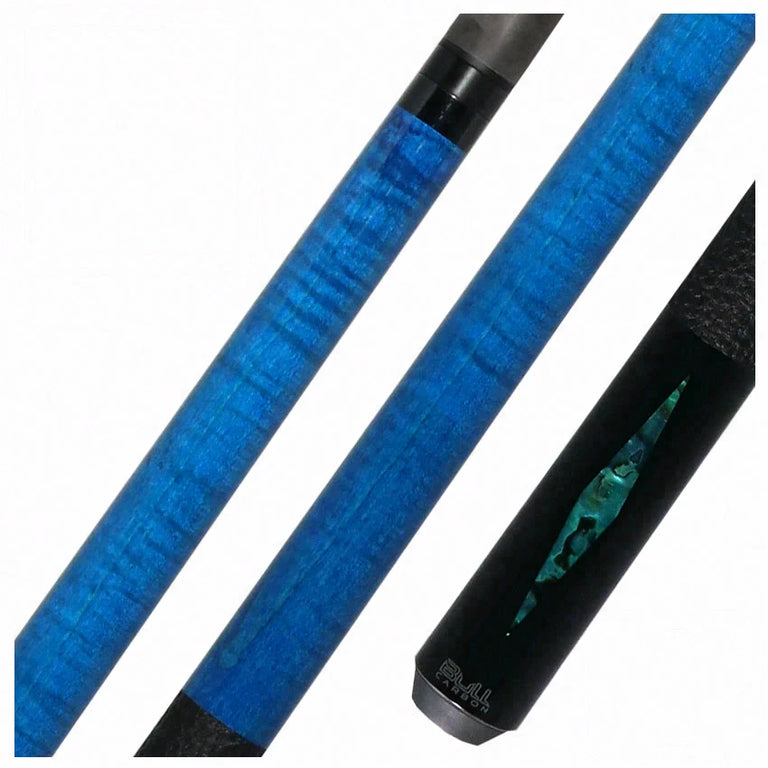 Bull Carbon Blue Stained Maple with Blue Genuine Shell Inlays Play Cue with Textured Leather Wrap